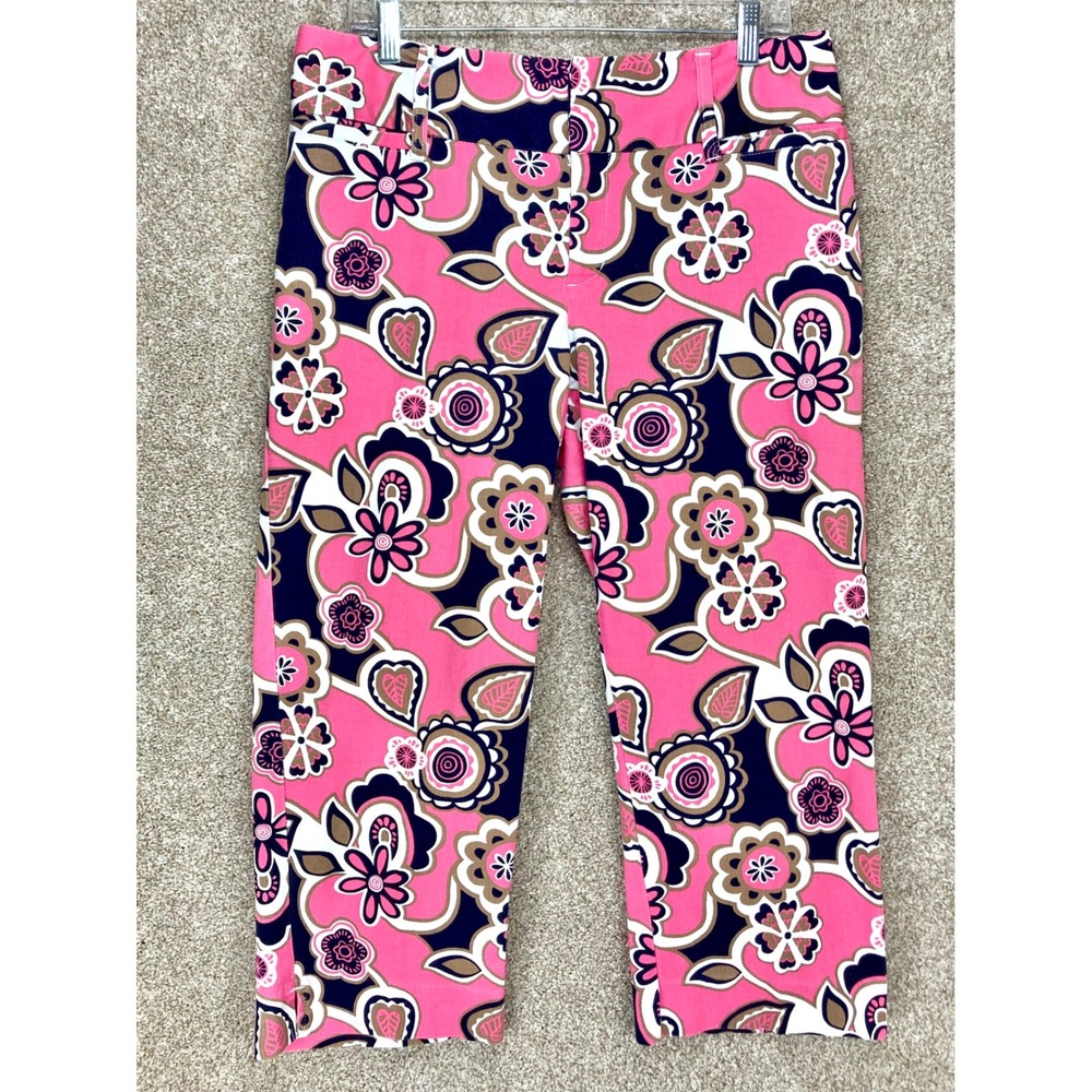Madison Floral Print Crop Pants Womens Sz 10 Pink Navy Stretch Summer Boho Capri
